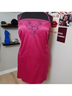 Cacique Hot Pink Satin Lace Slip Dress Coquette Babydoll Nightgown 26/28